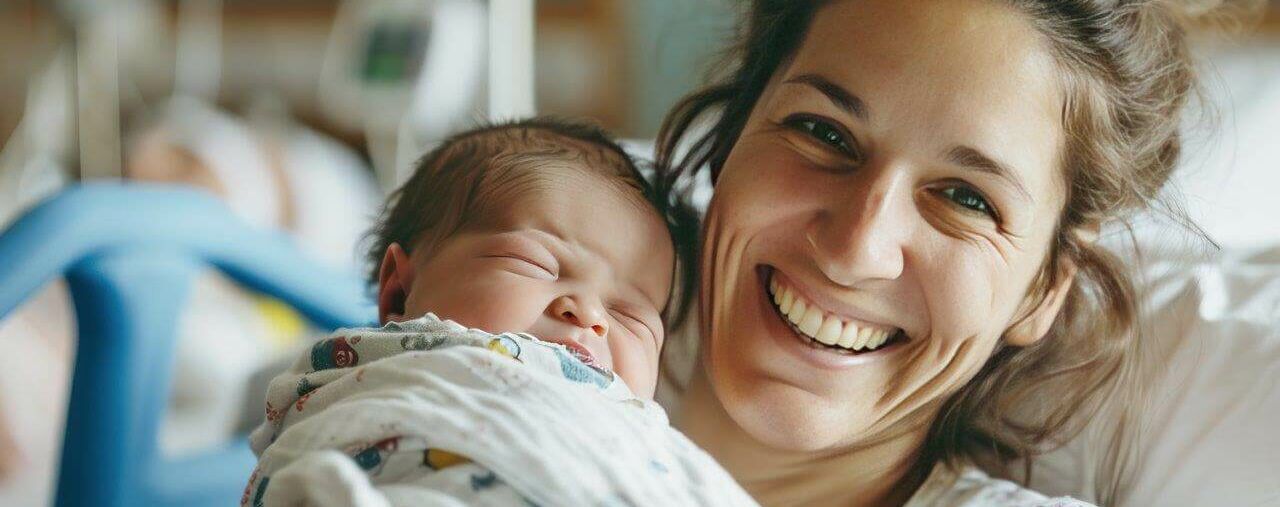 Frau, die im Krankenhausbett lachend ihr neugeborenes Baby in den Armen hält.